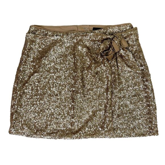 NWT House of Harlow Champagne Gold Sequin Wrap Mini Skirt Bow Tie Party sz M L - Picture 1 of 11